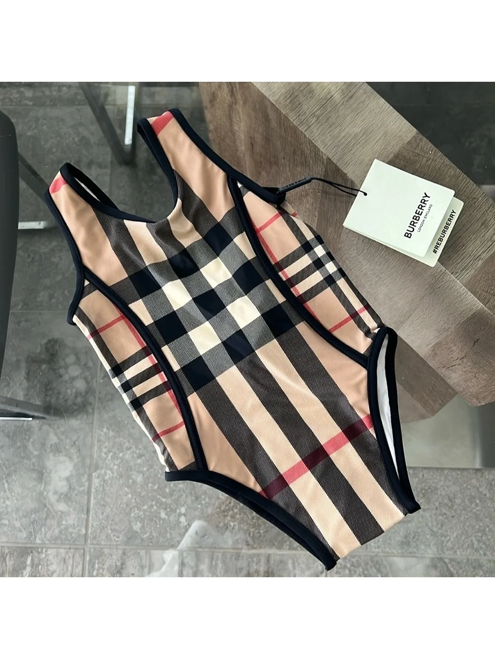 BURBERRY Kids Mini Nigella One Piece Swimsuit, Archive Beige Check, Size 12M NWT